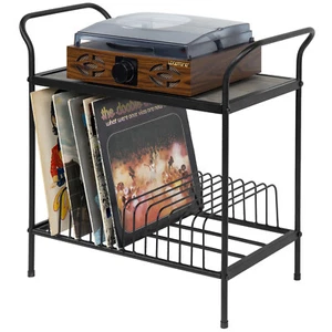 Gray Wood & Black Metal Turntable Stand w/ 14 Slot Vinyl Record Storage Holder - Bild 1 von 9