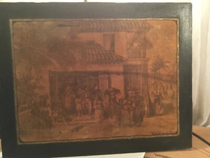 Arte rara, disegno su cuoio, firmato "Scena XVII secolo Haiti/Indie occidentali 18" - Foto 1 di 14