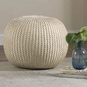 LR Home Pouf 16"x20"16" Oval Cableknit Cotton (60%) Aluminim (40%) in Bone/Gold - Picture 1 of 10
