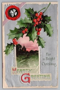Postcard Hearty Greeting for a Bright Christmas Clover Holly Silver Gilt - Picture 1 of 2