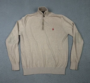 Polo Ralph Lauren Sweater Mens Large Beige 1/4 Zip Cotton Stretch Elbow Patches - Picture 1 of 10