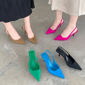 Women Slingback Shoes Mid Kitten Heel Pointy Toe Strap Sandals Party Dress Pumps - Picture 1 of 15