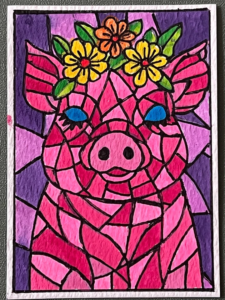 Arte original ACEO, arte pequeño, tarjeta ATC - pintura acuarela - hippy piggy Foto 1 de 1