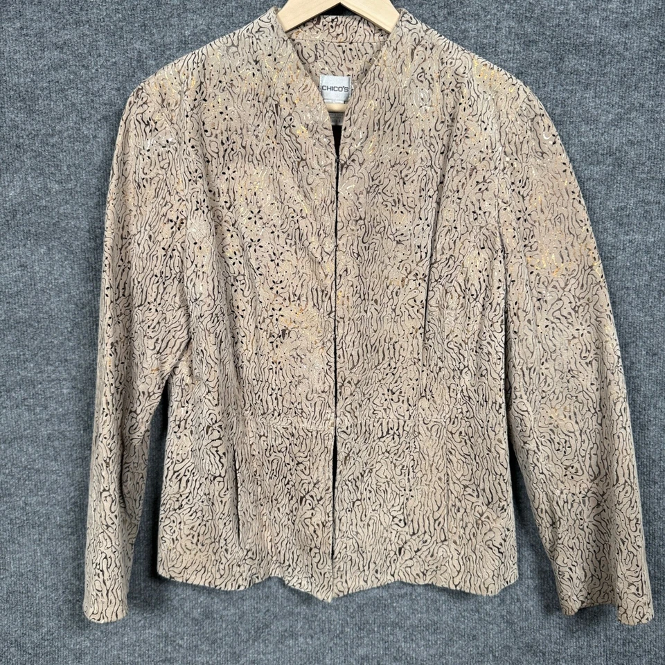 Chaqueta Chico's Mujer Grande 12 Cuero Genuino Beige Estampado Animal Bolsillos Laterales Foto 1 de 4