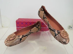 NIB TORY BURCH MINNIE TRAVEL PINK SNAKE PRINT LEATHER REVA BALLET FLATS US 8 - Imagen 1 de 12