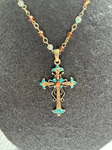 Cross Pendant Necklace Bronze Toned Amber & Aqua Beaded Stones Vtg Religious - Picture 1 of 9