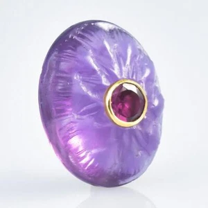 1.89 g Carved Lotus Purple Amethyst Cabochon & Rhodolite Gemstone Inlay 16x13mm - Picture 1 of 10