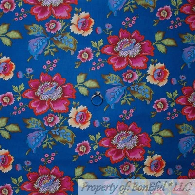 Tecido BonEful FQ Colcha de Algodão Azul Rosa Jardim Flor Casa Estampa Shabby Chic - Imagem 1 de 4