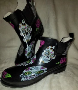 NEW! Norty Women's Low Ankle Rain Boots Rubber Snow Garden Shoe Sugar Skull (S4) - Picture 1 of 5