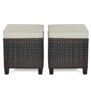 2PCS Patio Rattan Ottoman Cushioned Seat Foot Rest Coffee Table Garden Furniture - Picture 1 of 11