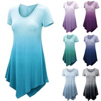 Women's Summer Gradient T-shirt Tunic Blouse Short Sleeve Casual Loose Long Tops