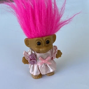 Vintage Russ Troll 3.5" Flower Girl Pink Hair Pink Dress Wedding Party - Picture 1 of 6