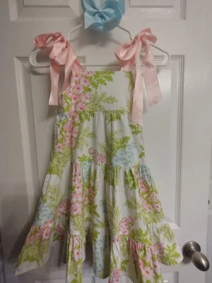 Kelly's Kids White Cotton Floral Dress Pink Satin Ribbons Girl's Size 5/6  - Image 1 of 4