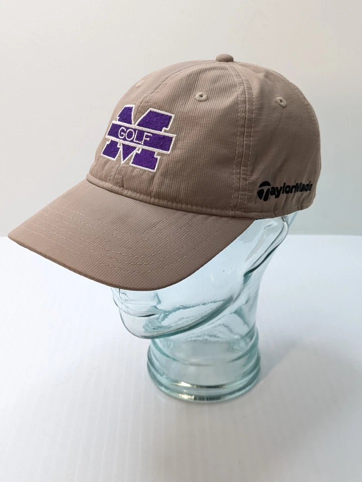 Chapéu de golfe Mount Union Purple Raiders boné TaylorMade cáqui roxo logotipo RARO - Imagem 1 de 4