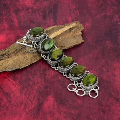 Green Flash Labradorite Gemstone 925 Sterling Silver Statement Jewelry Bracelet - Image 1 of 4