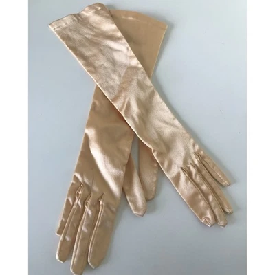 Luvas de noite longas vintage amassadas cetim pêssego tamanho 6.5 stretch  - Imagem 1 de 4