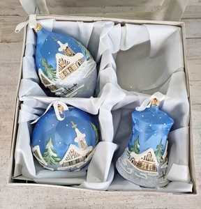3 Blown Glass Painted Winter Snow Scene Puffy Paint X-Large Christmas Ornaments - Picture 1 of 8