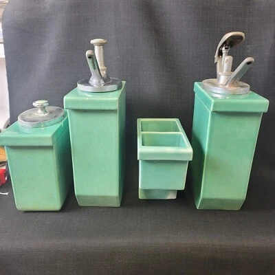 Vintage Hall Jadeite Green Porcelain Drugstore Soda Fountain Set Of 4 Syrup... - Image 1 of 4