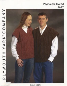 Cabled Vests Plymouth Yarn KNITTING PATTERN 1622 Men & Women 32"-50" - Picture 1 of 2