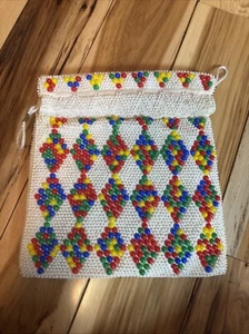 1960s Vintage Reversible Multicolored Bright Beaded Purse Bag Chinch Drawstring - Picture 1 of 5