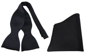 schöne TigerTie Satin Selbstbinder Fliege + Einstecktuch in Schwarz Uni einfarbi - Bild 1 von 1