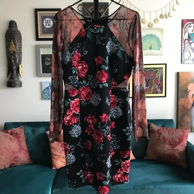 DKNY 8 码黑色花卉弹力潜水透明棕色网眼花卉袖连衣裙全新带标签 — 第 1/4 张图片