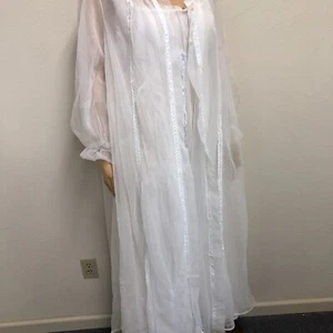 Vintage Val Mode Double Chiffon Peignoir LARGE White Chiffon Blue Lace Wedding - Picture 1 of 12