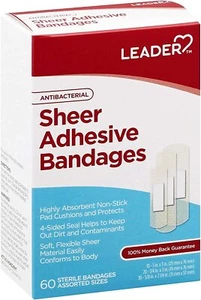 Leader Sheer Adhesive Bandages Antibacterial Sterile Soft Assorted Sizes 60 Ct - Picture 1 of 6
