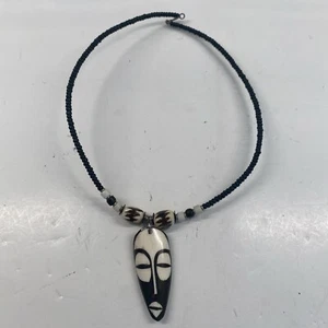African-Style Beaded Necklace With Smooth Carved Wood Face - Picture 1 of 3