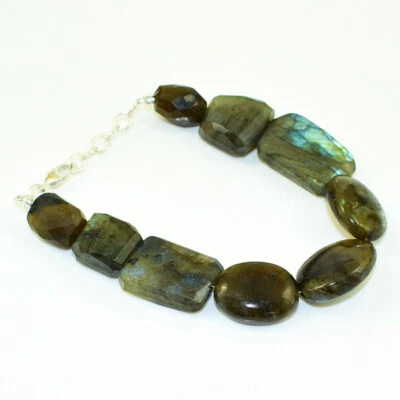 275.00 Cts Natural 8 Inches Long Blue Flash Labradorite Beads Bracelet NK 16E102 - Image 1 of 2
