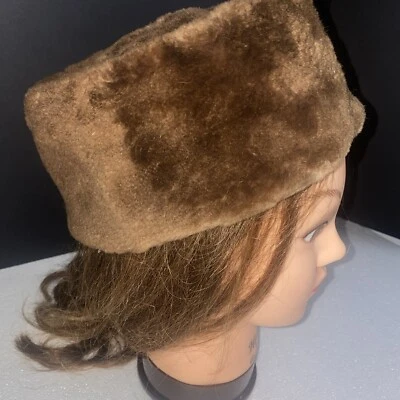 Faux Fur Pillbox Granny Core Church Dress Brown Lined 21” Hat 60s Retro MCM Vtg - Image 1 of 4
