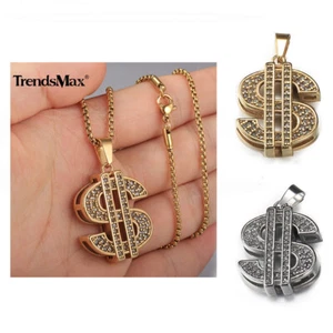 Silver/Gold Plated CZ Dollar Sign Pendant Necklace Stainless Steel Box Chain Men - Picture 1 of 22