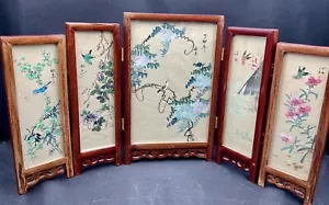 VTG CHINESE WOODEN FRAMED HAND PAINTED ON SILK 5 FOLD TABLE SCREEN WITH BIRDS - Picture 1 of 7
