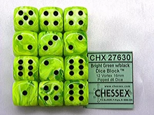 Chessex Dice d6 Set 16mm Vortex Bright Green w/ Black 6 Sided Die 12 CHX 27630 - Picture 1 of 1