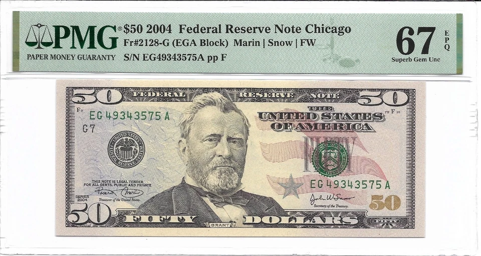 2004 $50 CHICAGO FRN. PMG SUPERB GEM Uncirculated 67 EPQ Banknote. - Image 1 of 2