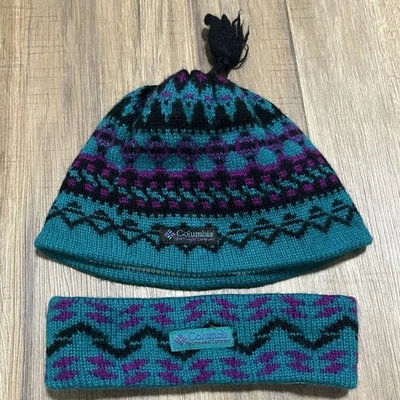 Columbia WOOL Winter Beanie Cap & Sweatband Headband Bundle Vintage 90s Ski Gear - Image 1 of 4
