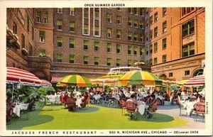 Postal de lino JACQUES FRENCH RESTAURANT Open Summer Garden Chicago, IL - Imagen 1 de 2