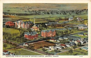 College of Emporia Campus Aerial View Signed John Kelly Emporia,KS 1938 Postcard - Picture 1 of 2