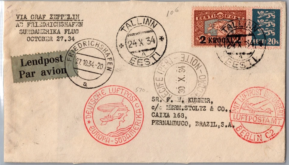 1934 Эстония Таллинн Граф Цеппелин lz 127 Обложка в Бразилию Recifee Pernambuco - Изображение 1 из 2