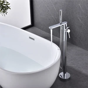 Freestanding Bathtub Faucet Brass Chrome Floor Mount Single Handle Control - Picture 1 of 7