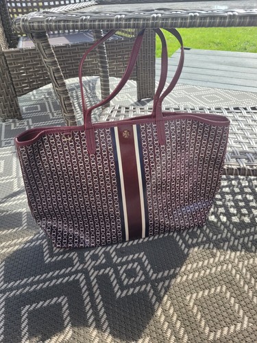 Borsa a mano Tory Burch marrone a righe bianche Gemini Link