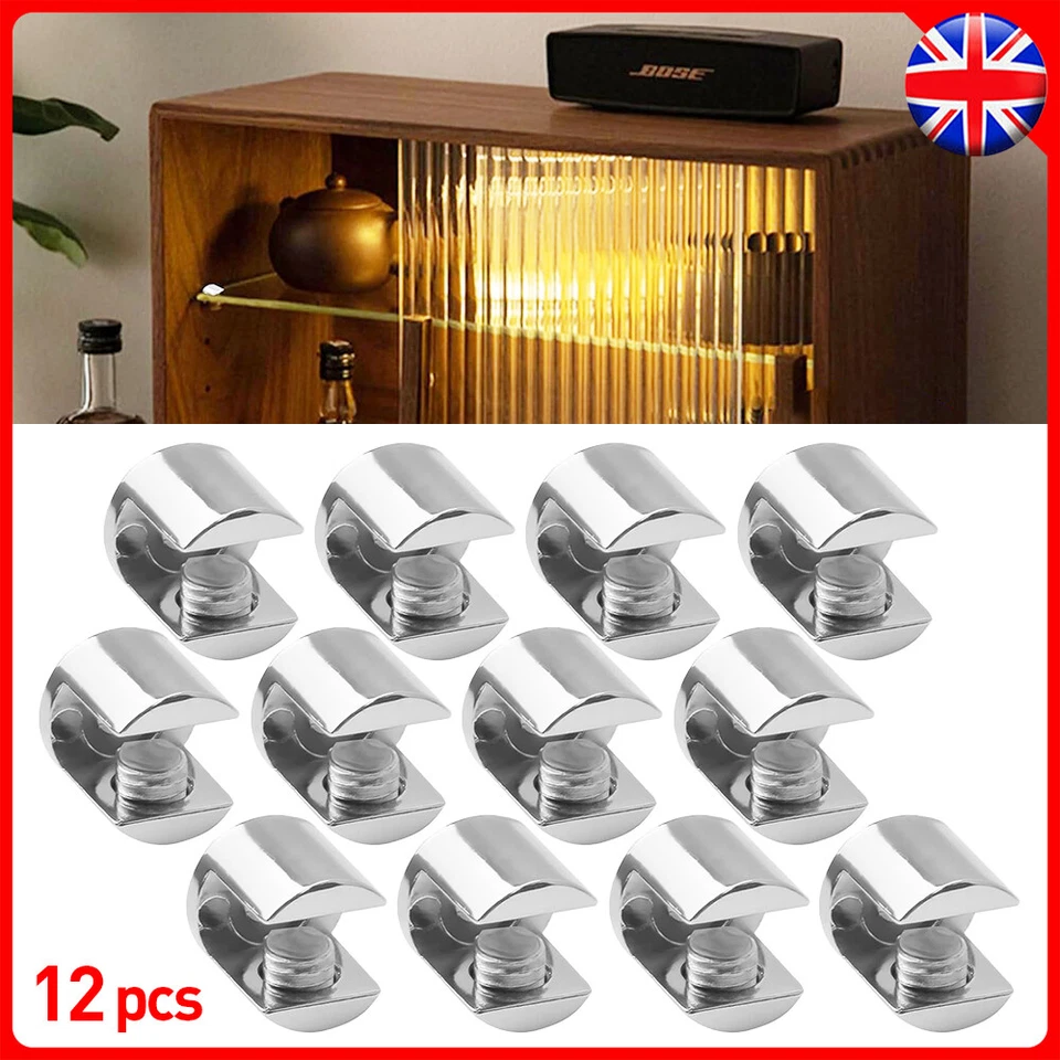 12pcs Glass Shelf Support Clamp Brackets Clip Chrome Shelves 3-8mm Clip Tool UK - Image 1 of 4