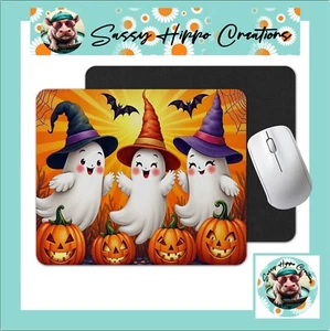 Mouse Pad Ghosts Trio Halloween Jack O Lantern Anti Slip Back Hand Sublimate - Afbeelding 1 van 4