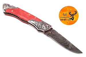 CUSTOM HANDMADE FORGED DAMASCUS STEEL FOLDING BLADE POCKET KNIFE CAMPING 843 - Picture 1 of 5