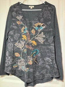 STYLE & CO WOMEN'S GRAY SIZE L FLORAL SEQUIN LONG SLEEVE PULLOVER V-NECK TOP - Picture 1 of 9