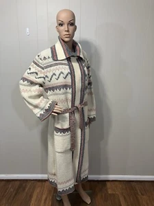 Women's US Vintage "Sabra Wintuk" Long Belted Fair Isle Knit Sweater Coat L - XL - Picture 1 of 19