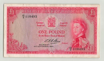 RHODESIA 1 Pound 1964, P-25a, G/4 110493, 14.Sept.1964 Popular QEII Note. A5. - Image 1 of 2