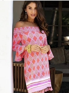 Cabana Life schulterfreies gesmoktes Damenkleid Medium koralle mit Tasseled Coastal - Bild 1 von 8