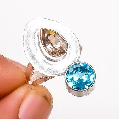 Smoky Quartz & Blue Topaz Gemstone Silver Plated Jewelry Ring s.6 TR7508-2072 - Image 1 of 3