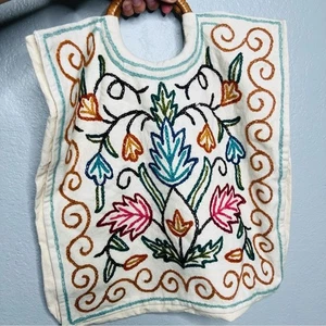 Vintage Embroidered Floral Tote with rattan handles - Picture 1 of 3